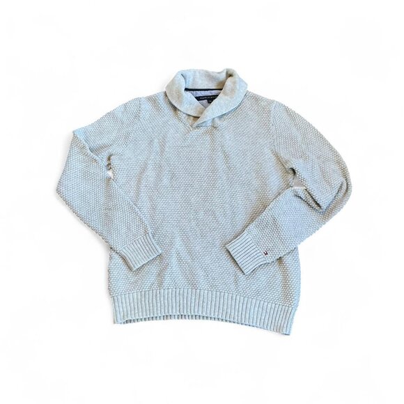 Tommy Hilfiger Men's 100% Cotton Grey Chunky Knit Sweater size Large Shawl Neck - Picture 1 of 5